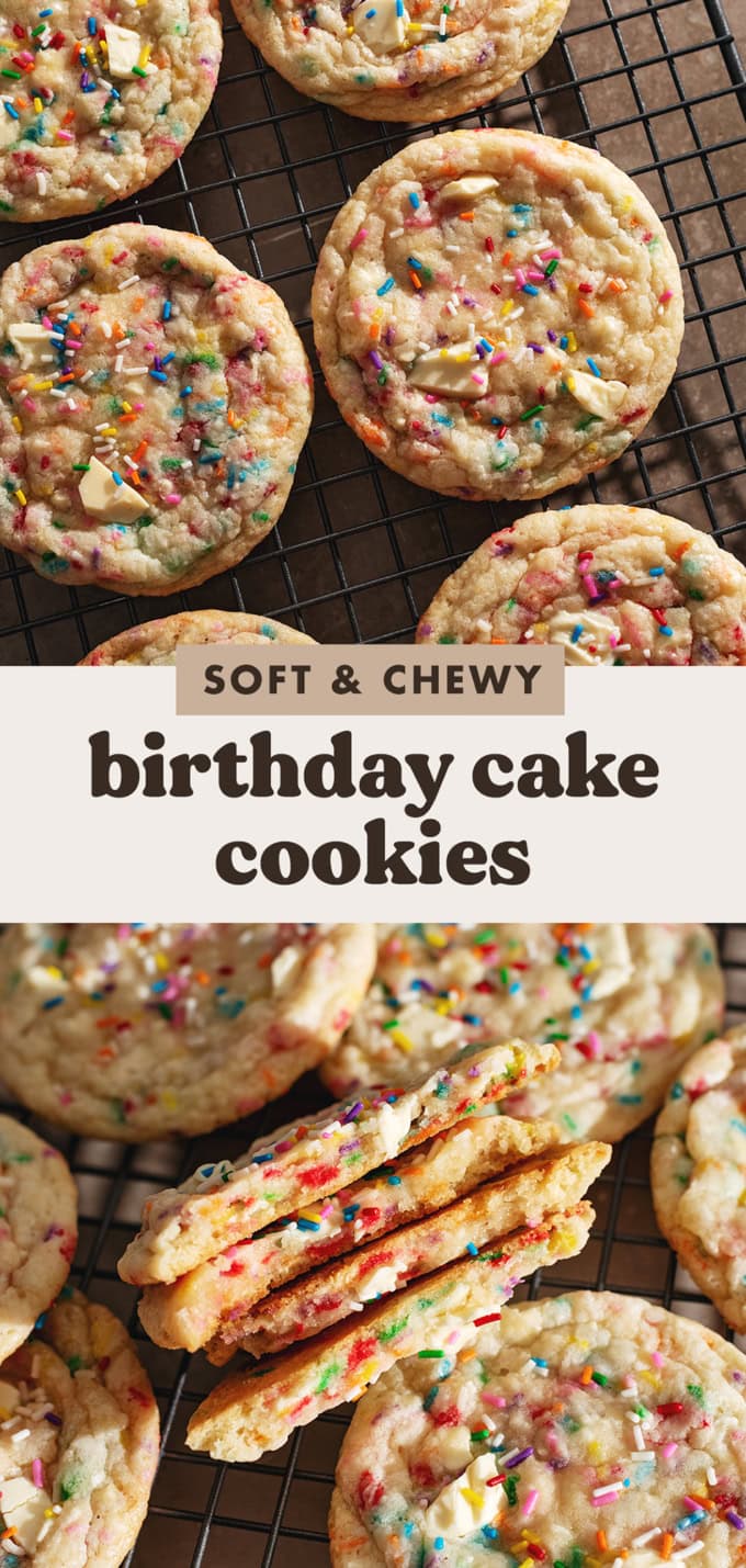 Two images of birthday cake cookies with a text overlay that reads "soft and chewy birthday cake cookies".