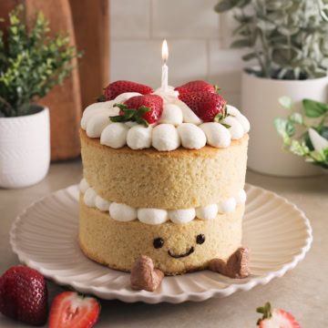 Jellycat birthday cake with a lit candle sitting on a plate.