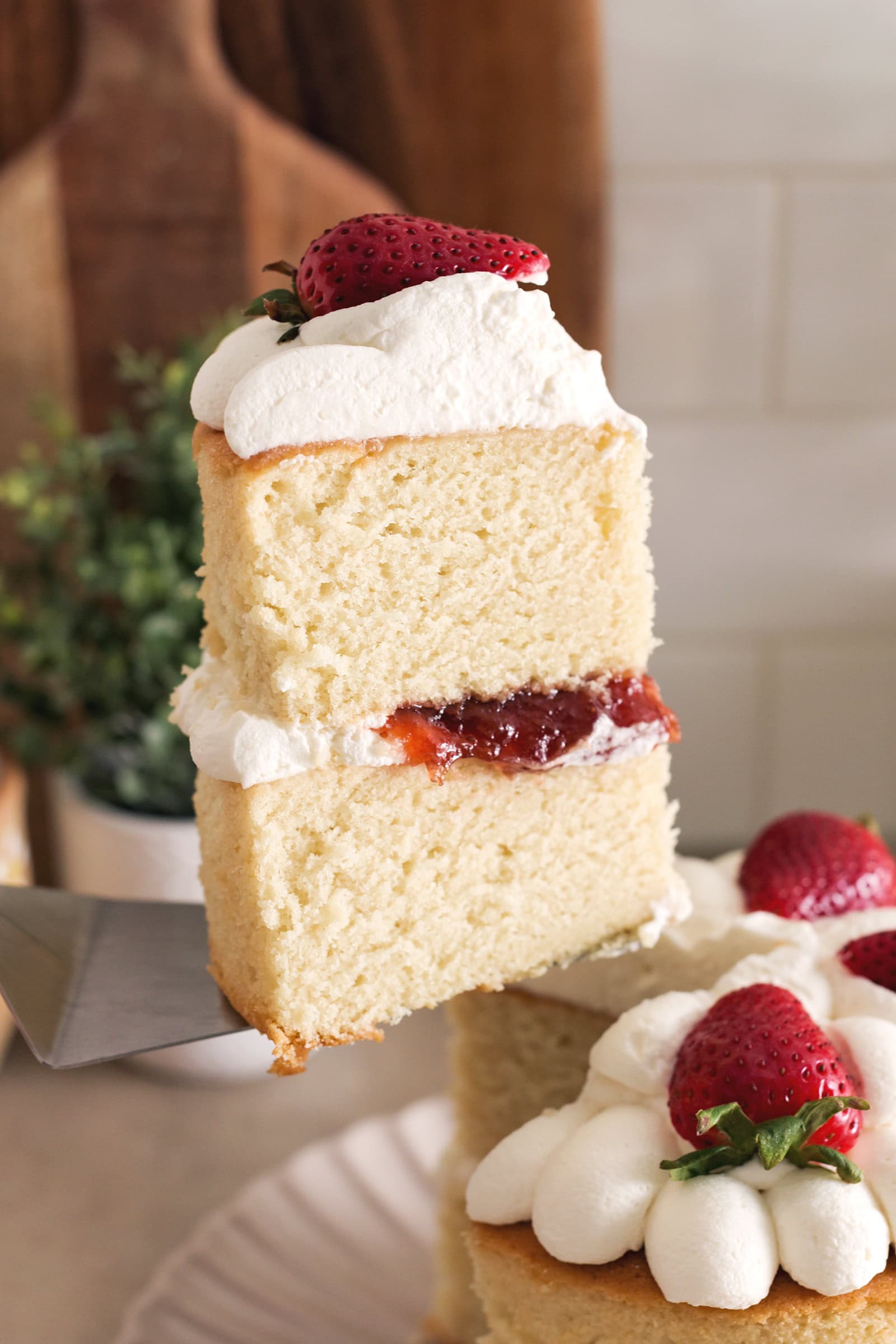 A slice of vanilla cake with strawberry jam in the middle and whipped cream on top.