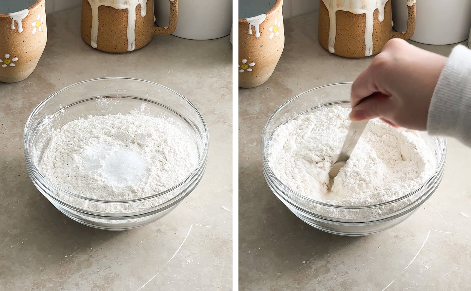 Left to right: dry ingredients in a bowl, stirring dry ingredients together with a spoon.