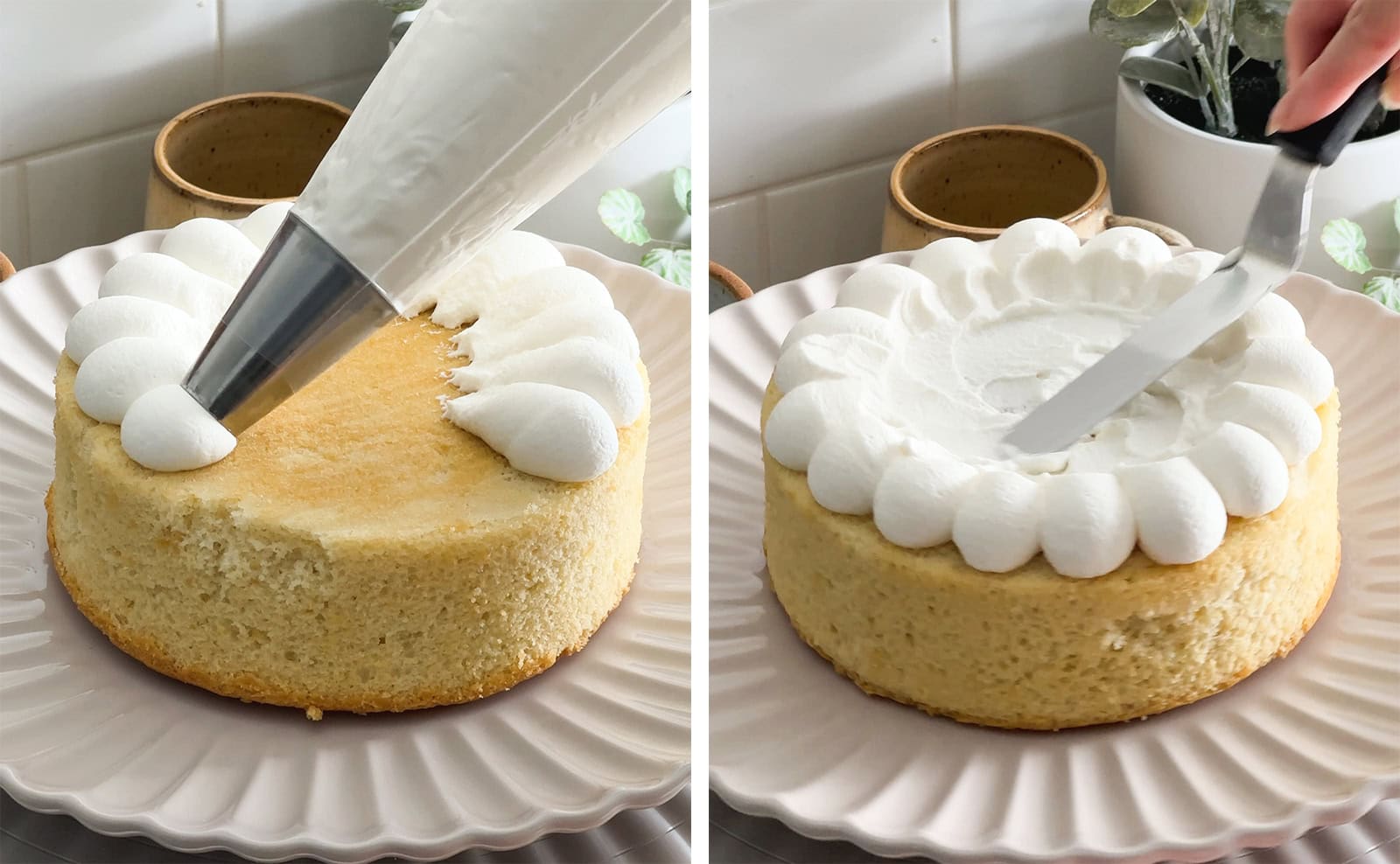 Left to right: piping whipped cream on top of a cake layer, smoothing whipped cream on top of cake layer with a spatula.
