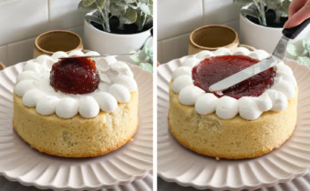 Left to right: a dollop of strawberry jam on top of a cake layer, smoothing jam onto cake layer with a spatula.