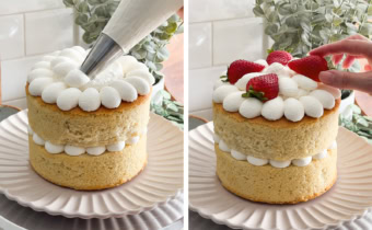 Left to right: piping whipped cream dollops on top of cake, hand placing a strawberry on top of cake.