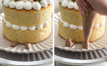 Left to right: chocolate whipped cream piped into legs on cake, piping feet with whipped cream.