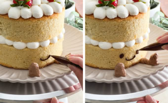 Left to right: piping a smile with melted chocolate onto a cake, piping eyes with melted chocolate onto a cake.