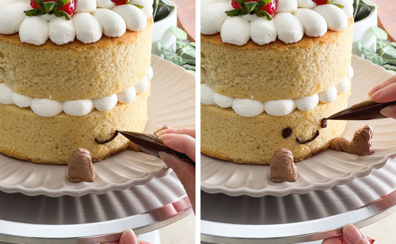 Left to right: piping a smile with melted chocolate onto a cake, piping eyes with melted chocolate onto a cake.