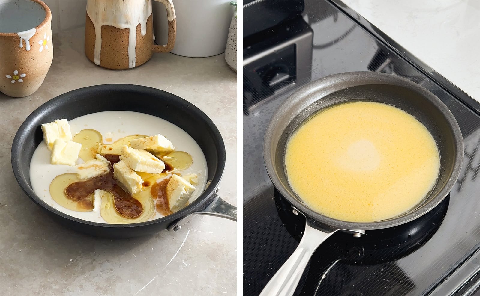 Left to right: milk and butter in a pan, melted butter and milk in a pan on a stovetop.