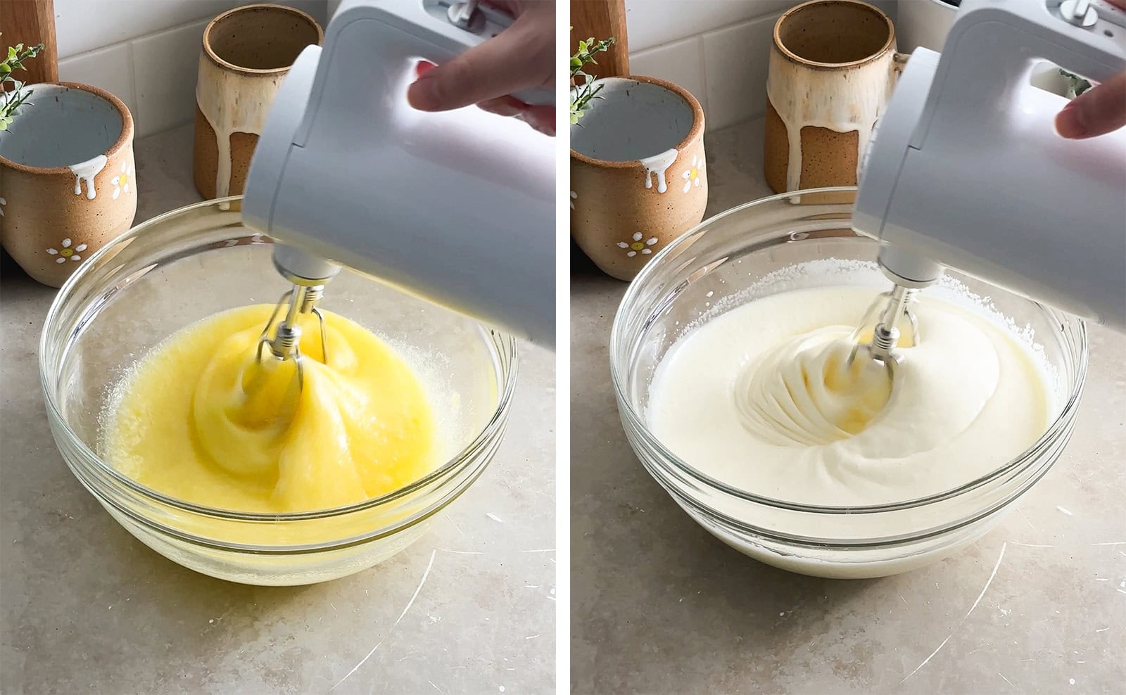Left to right: beating eggs and sugar with a hand mixer, eggs and sugar doubled in volume.