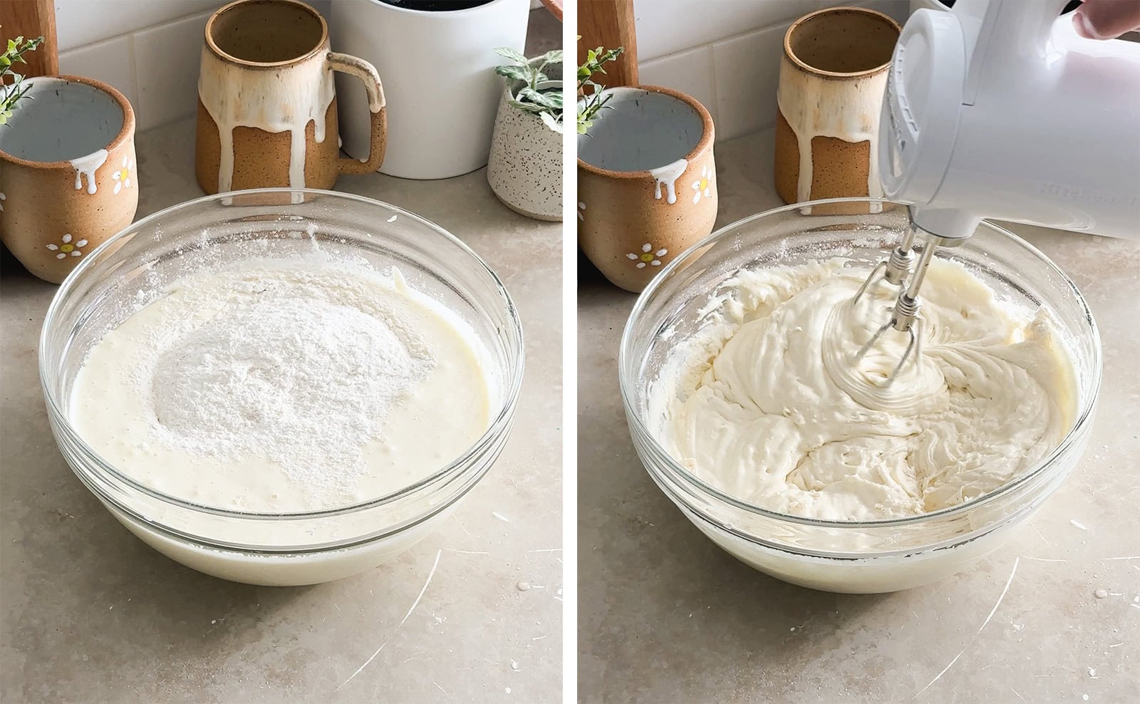 Left to right: flour added to a bowl of batter, mixing flour into batter with a hand mixer.