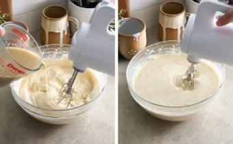 Left to right: pouring hot milk into batter while mixing, mixing cake batter with a hand mixer.