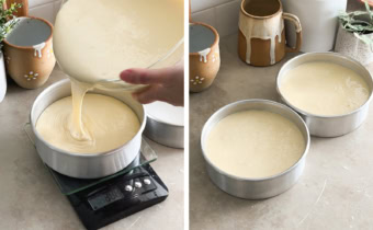 Left to right: pouring cake batter into a cake pan on a scale, two cake pans filled with cake batter.