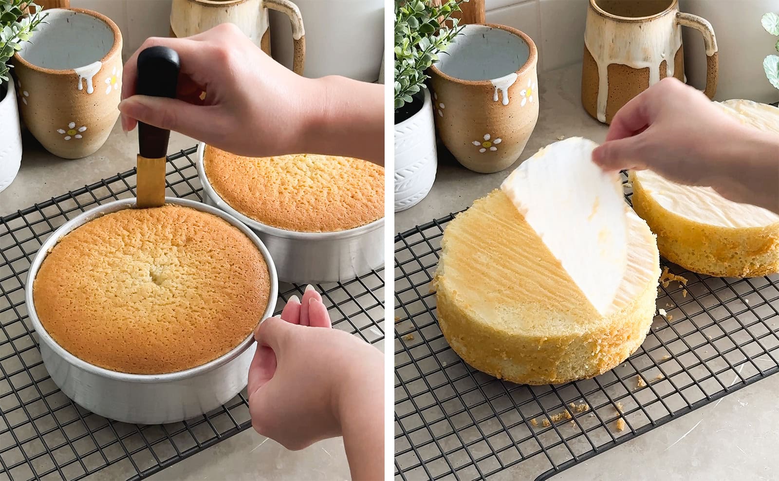 Left to right: running an offset spatula around a cake in a pan, hand peeling parchment paper off a cake layer.