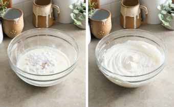 Left to right: whipping cream and sugar in a mixing bowl, whipped cream in a bowl.
