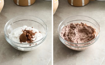 Left to right: whipped cream and cocoa powder in a bowl, chocolate whipped cream in a bowl.