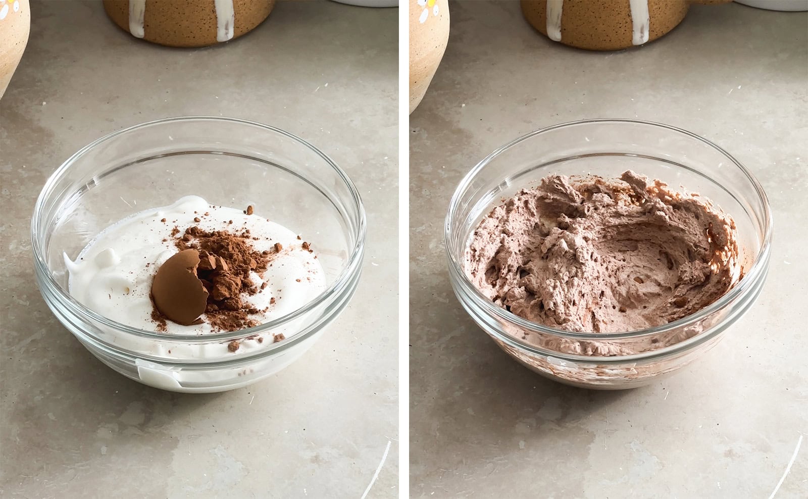 Left to right: whipped cream and cocoa powder in a bowl, chocolate whipped cream in a bowl.
