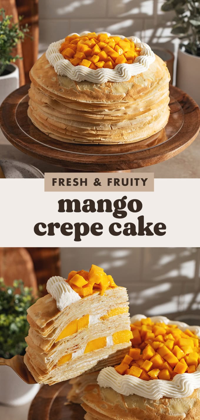 Two images of a mango crepe cake with a text overlay that reads "fresh and fruity mango crepe cake".