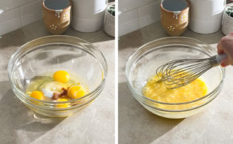 Left to right: eggs and wet ingredients in a mixing bowl, whisking wet ingredients together in a bowl.