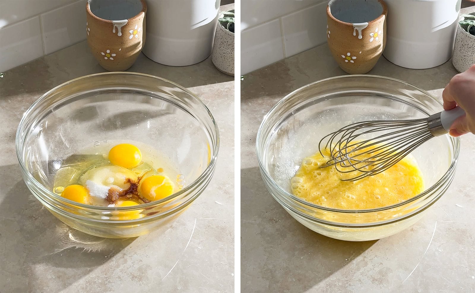 Left to right: eggs and wet ingredients in a mixing bowl, whisking wet ingredients together in a bowl.