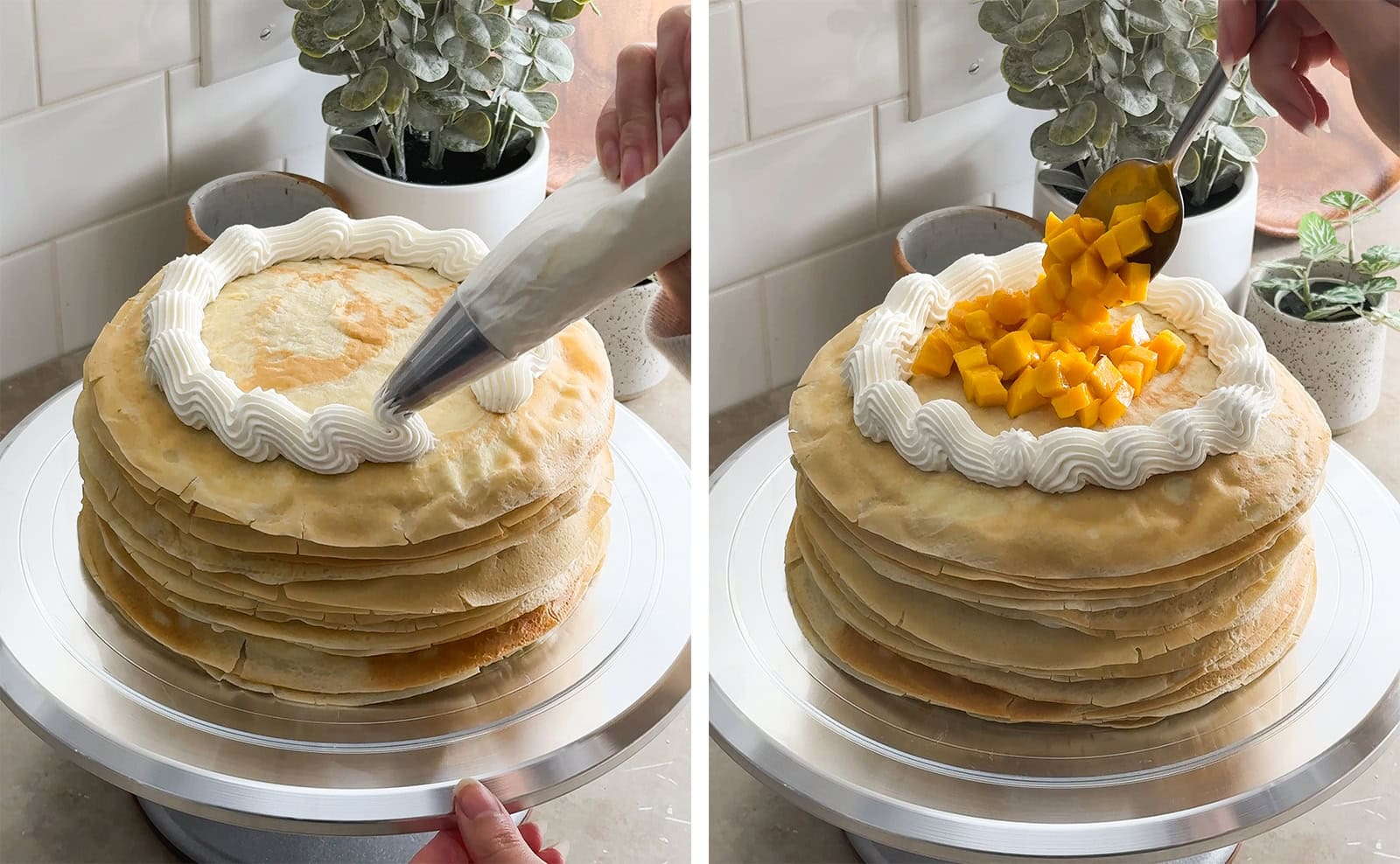 Left to right: piping whipped cream on top of a crepe cake, placing mango chunks on top of a crepe cake with a spoon.