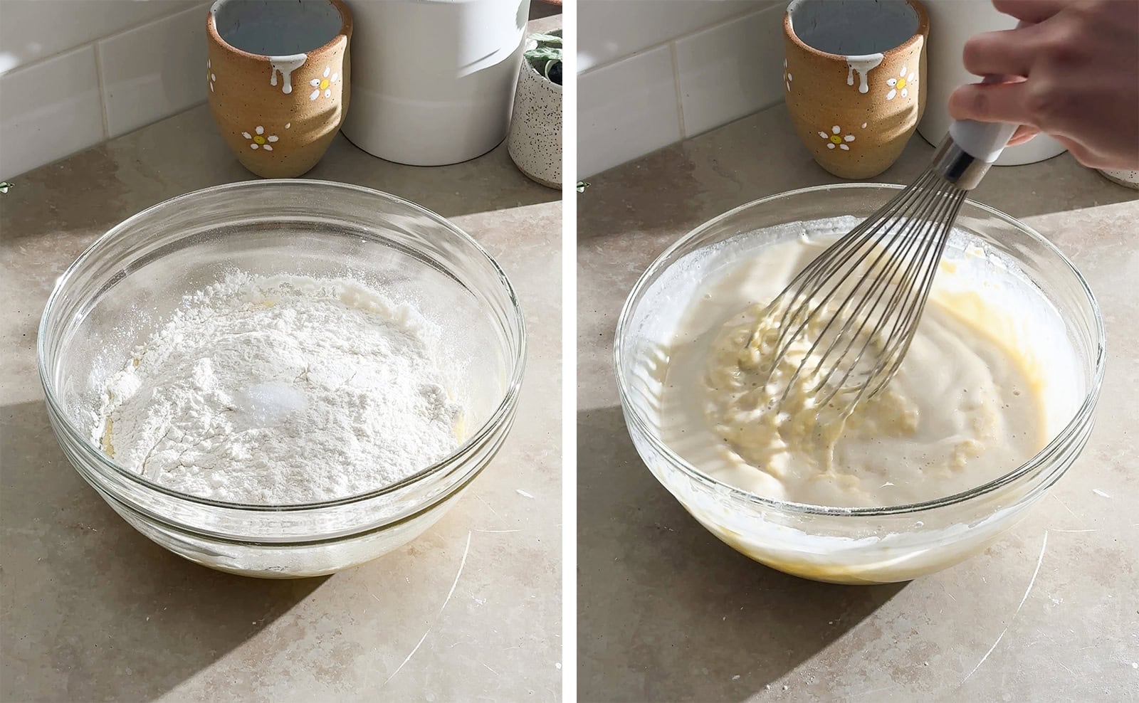 Left to right: dry ingredients in a bowl of wet ingredients, whisking crepe batter in a mixing bowl.