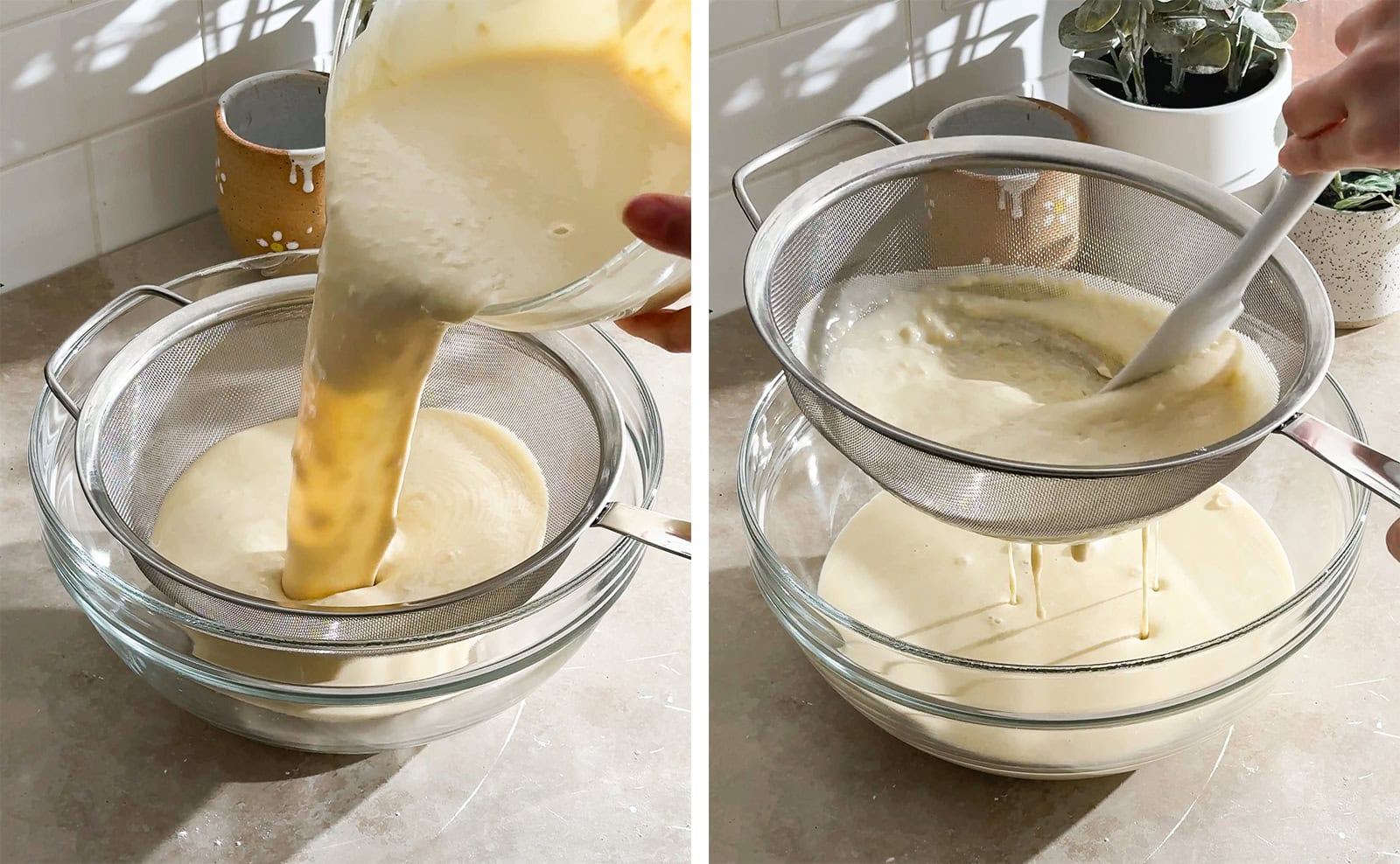 Left to right: pouring batter into a bowl through a sieve, pushing batter through a sieve with a spatula with the batter dripping down into a bowl.