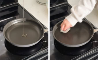 Left to right: pouring oil into a frying pan, hand wiping away excess oil in a pan with a napkin.