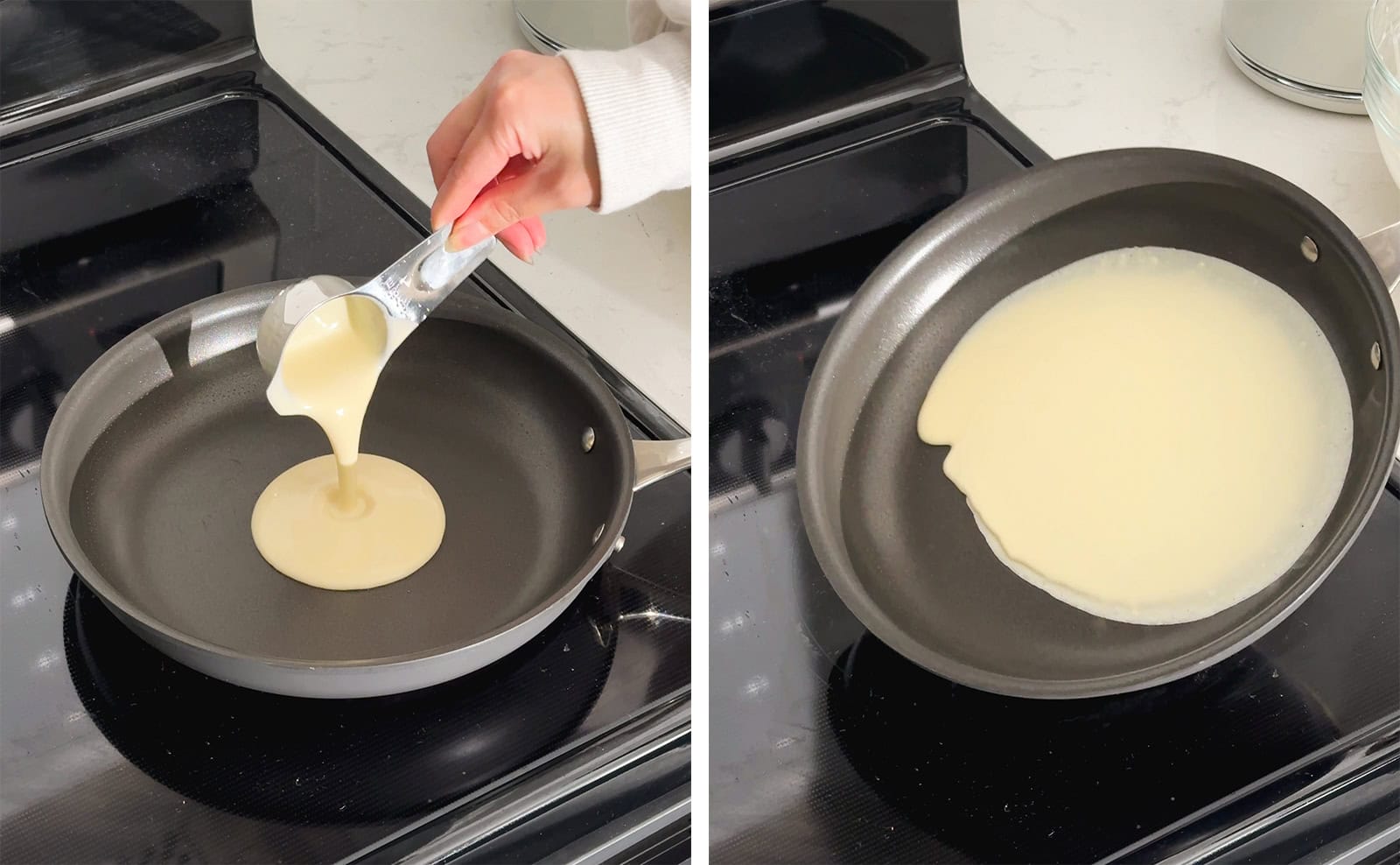 Left to right: pouring crepe batter into a pan from a measuring cup, tilting a pan to spread crepe batter around a pan.