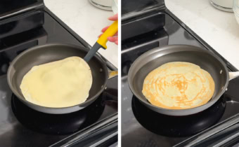 Left to right: lifting a crepe with a spatula, a golden brown crepe in a pan after being flipped.