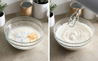 Left to right: whipping cream ingredients in a bowl, whipped cream in a bowl with hand mixer above it.