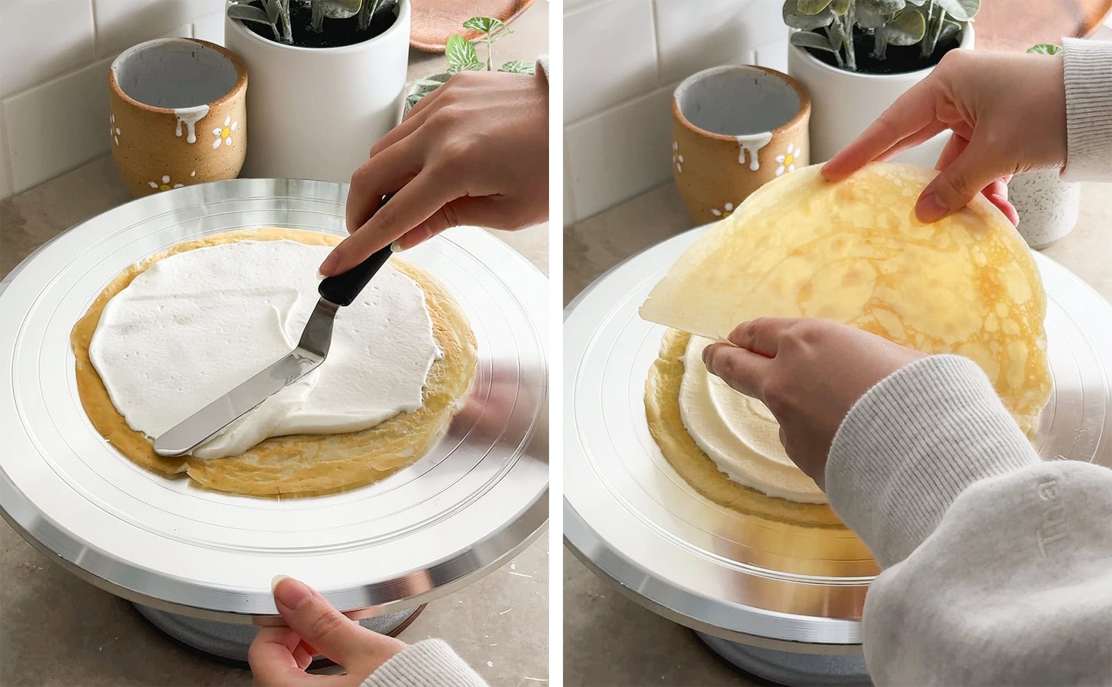 Left to right: spreading whipped cream on top of a crepe with an offset spatula, hand placing a crepe on top of whipped cream layer.