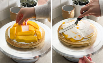 Left to right: hand placing a mango slice on top of a crepe cake, spreading whipped cream on top of a mango layer.