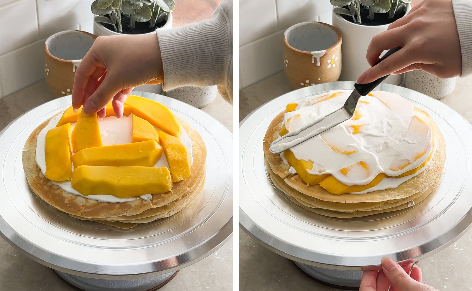 Left to right: hand placing a mango slice on top of a crepe cake, spreading whipped cream on top of a mango layer.