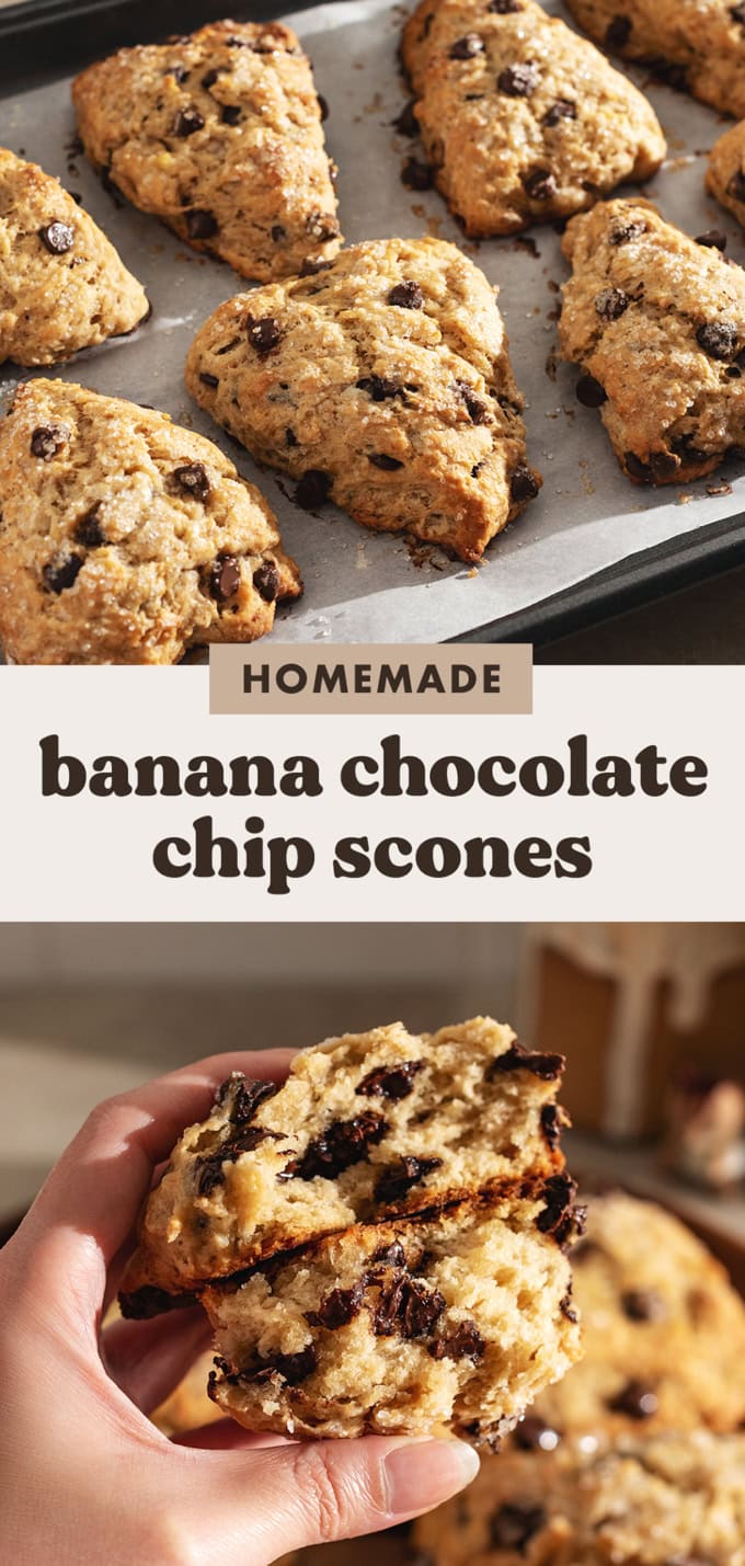 Two images of banana chocolate chip scones with a text overlay that says "homemade banana chocolate chip scones".