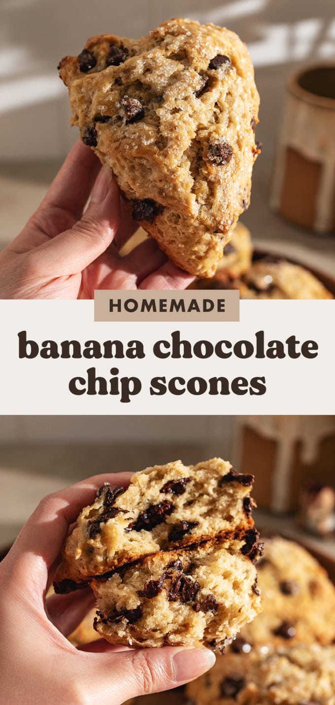 Two images of banana chocolate chip scones with a text overlay that says "homemade banana chocolate chip scones".