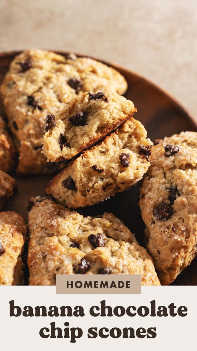A banana chocolate chip scone cut in half to show the texture inside.