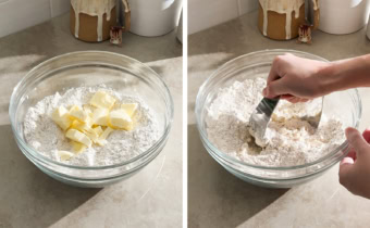 Left to right: cubes of butter in a bowl of flour mixture, cutting butter into flour mixture with a dough blender.