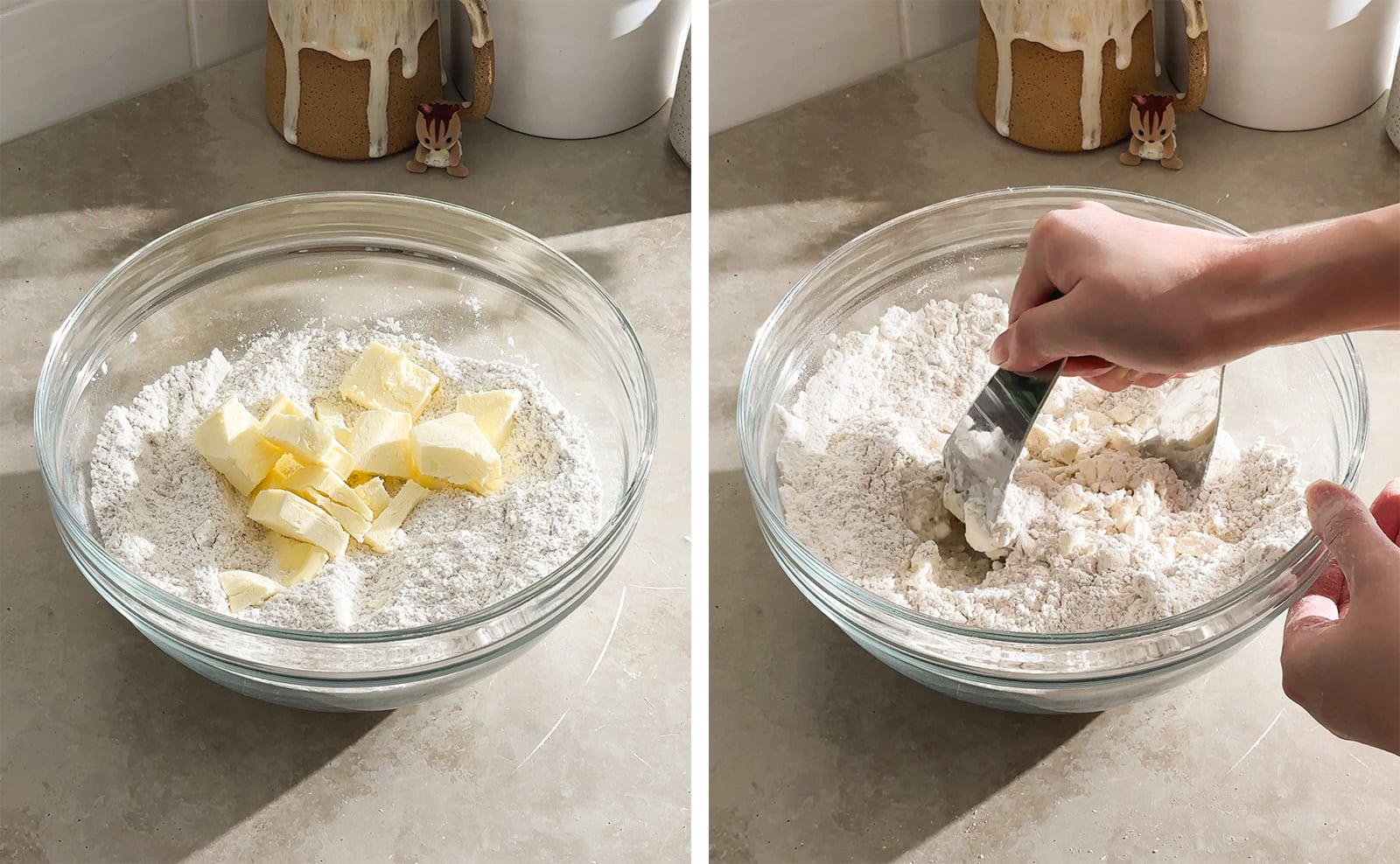Left to right: cubes of butter in a bowl of flour mixture, cutting butter into flour mixture with a dough blender.