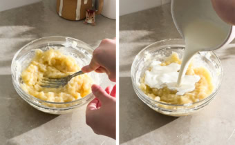 Left to right: mashing bananas in a bowl with a fork, pouring heavy cream into a bowl of mashed bananas.
