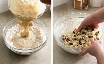 Left to right: pouring wet mixture into dry mixture, mixing chocolate chip scone dough with a hand.