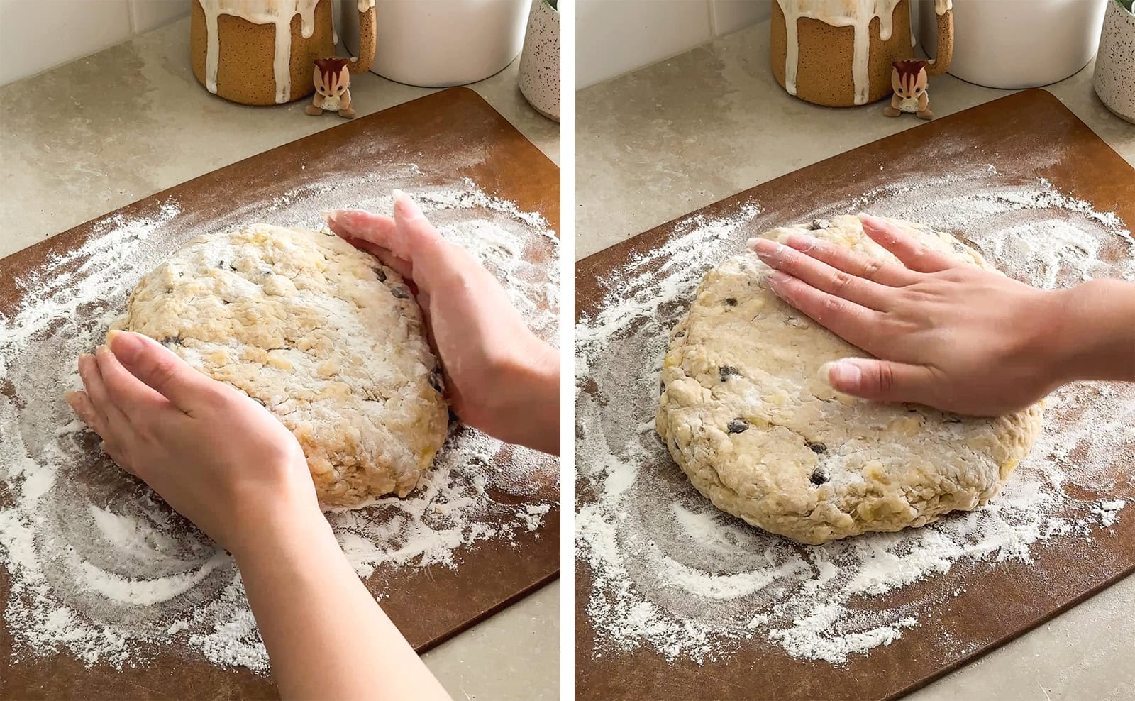 Left to right: two hands shaping scone dough on a floured board, hand pressing down on a disc of scone dough to flatten it.