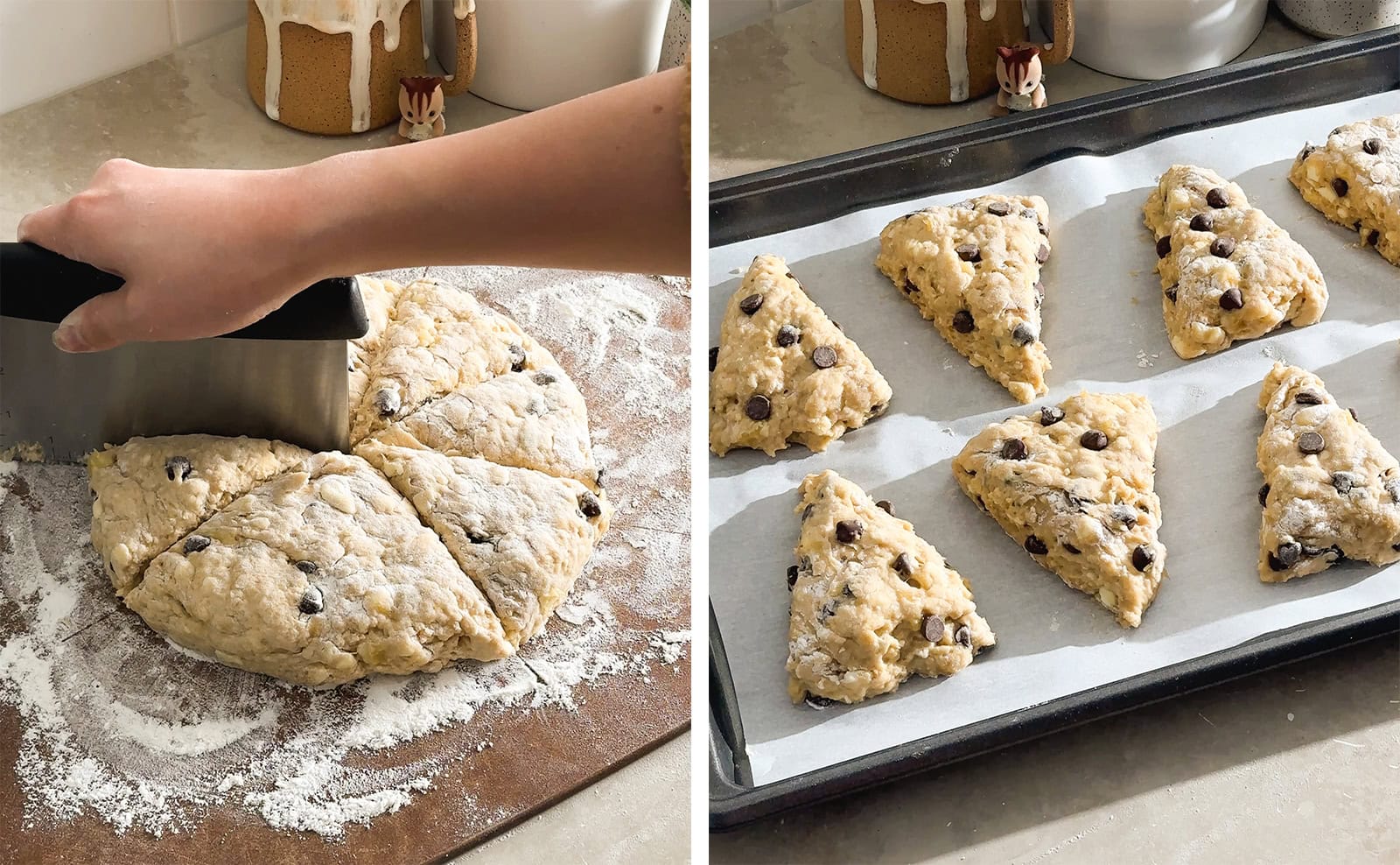 Left to right: cutting wedges out of a disc of dough with a bench scraper, scones lined up on a baking tray before baking.