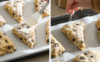 Left to right: brushing heavy cream on top of scones with a pastry brush, hand sprinkling sugar crystals on top of scones.