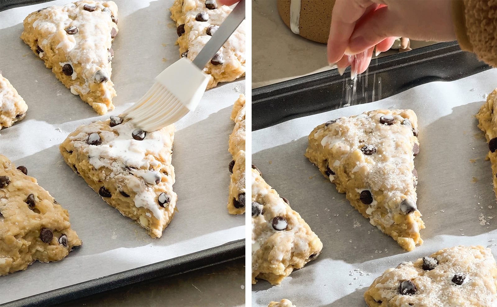 Left to right: brushing heavy cream on top of scones with a pastry brush, hand sprinkling sugar crystals on top of scones.