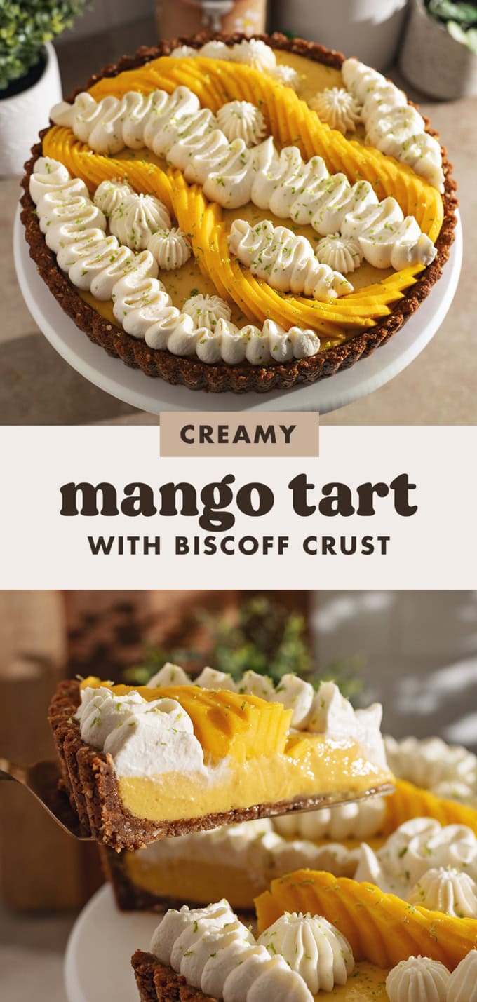 Two images of a mango tart with a text overlay that says "creamy mango tart with biscoff crust".