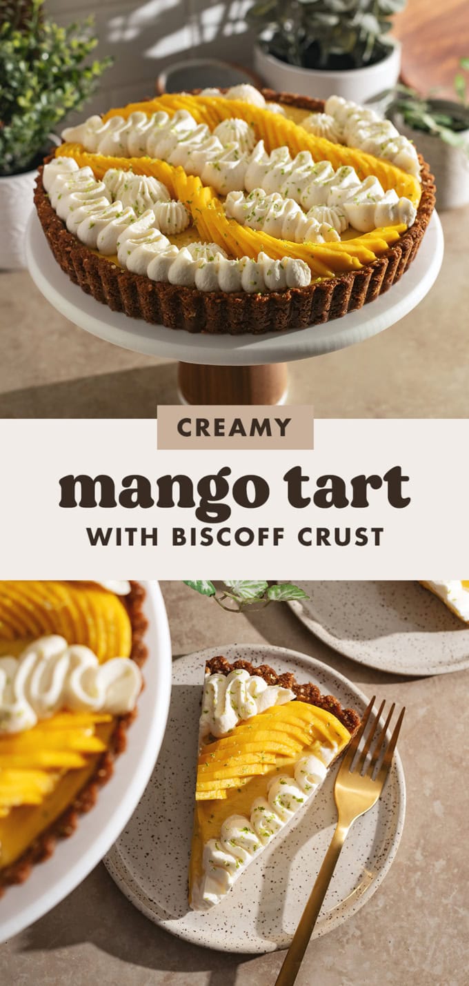 Two images of a mango tart with a text overlay that says "creamy mango tart with biscoff crust".