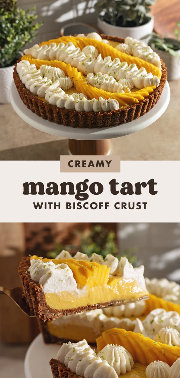 Two images of a mango tart with a text overlay that says "creamy mango tart with biscoff crust".