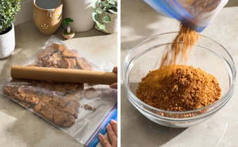 Left to right: whacking biscoff cookies in a ziploc bag with a rolling pin, pouring crushed biscoff cookies into a bowl.