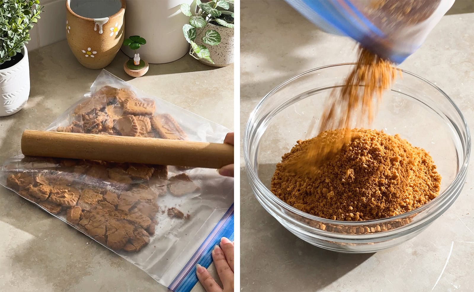 Left to right: whacking biscoff cookies in a ziploc bag with a rolling pin, pouring crushed biscoff cookies into a bowl.