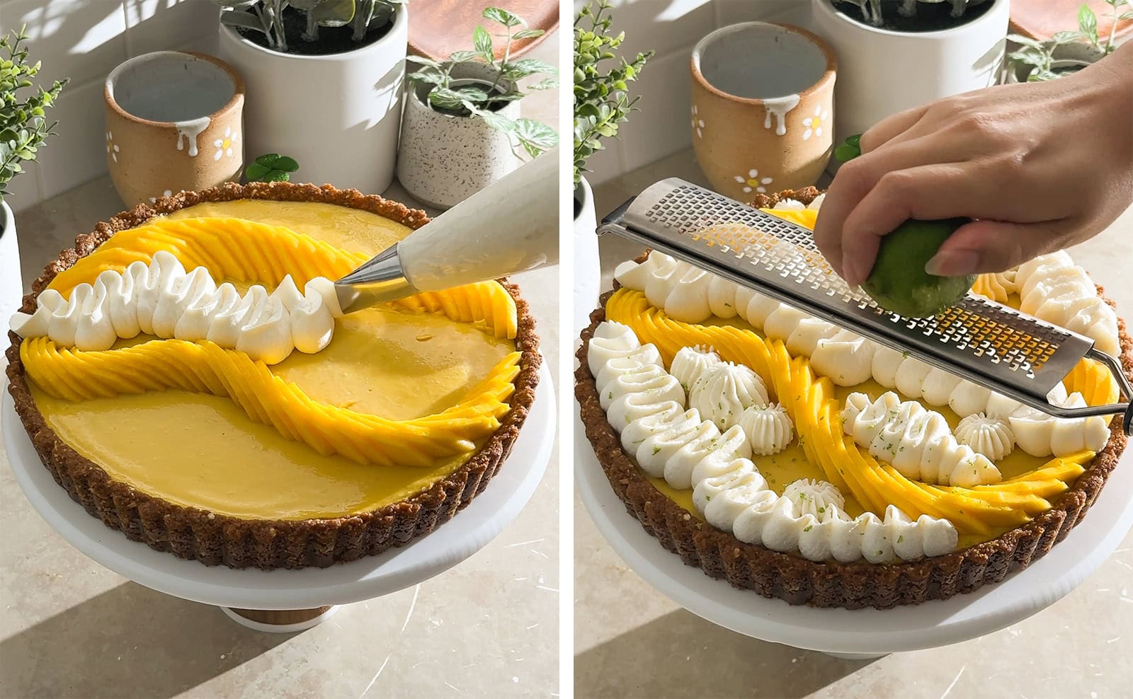 Left to right: piping whipped cream on top of a tart, zesting a lime with a microplane on top of tart.