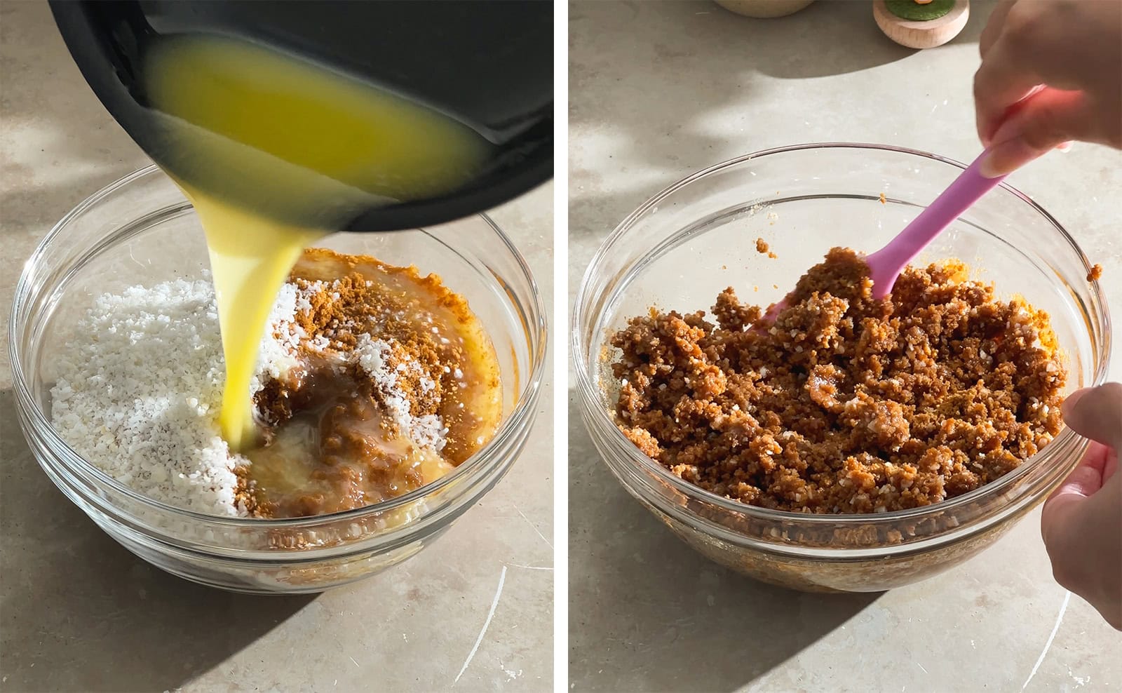 Left to right: pouring melted butter into a bowl of biscoff crumbs and shredded coconut, mixing biscoff crust mixture with a spatula.